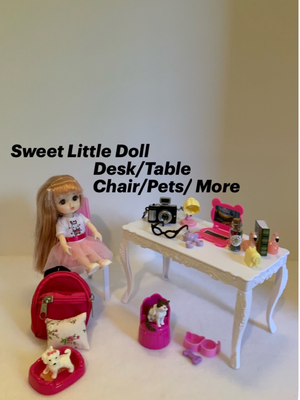 Sweet Little Doll Playset with Table, Chair, Pets & Accessories - Pink/White